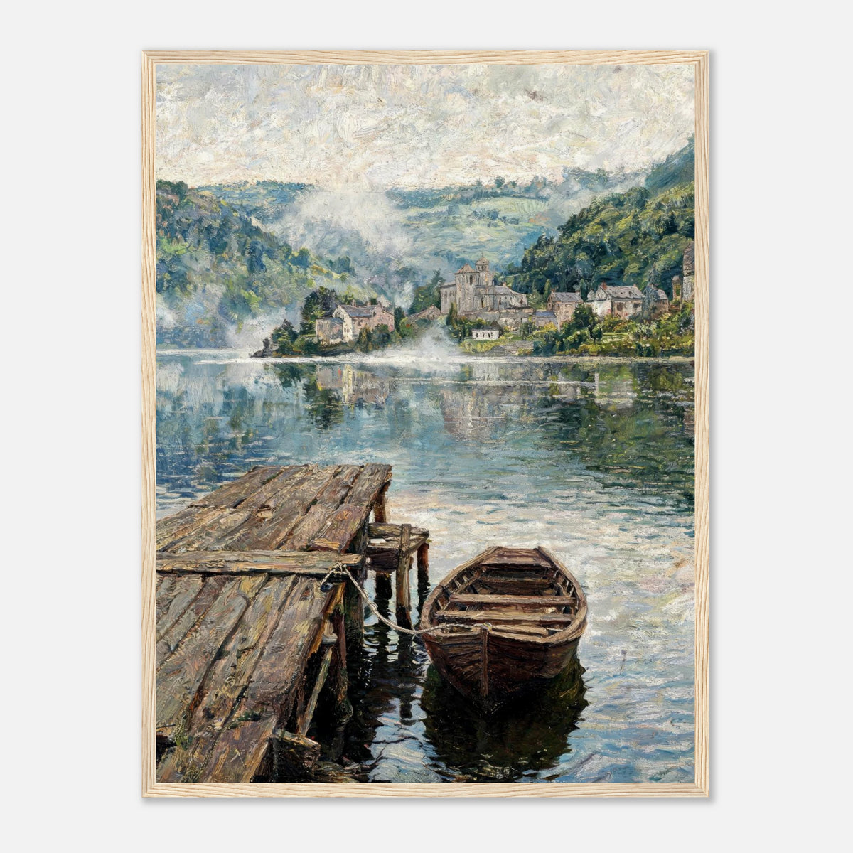 Misty Mountain Lake Wooden Boat Impressionist Art Print