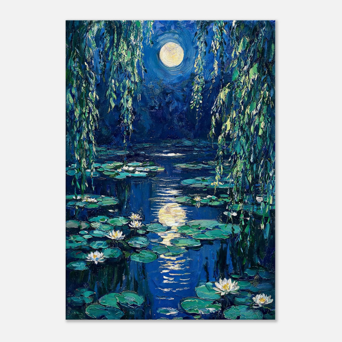 Moonlit Water Lilies Pond Impressionist Art Print