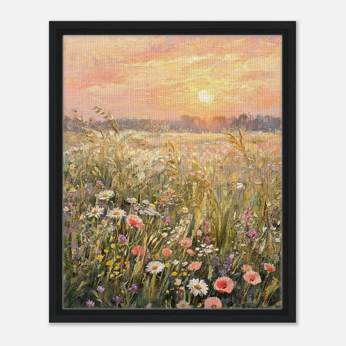 Golden Sunset Meadow & Wildflowers Impressionist Art Print