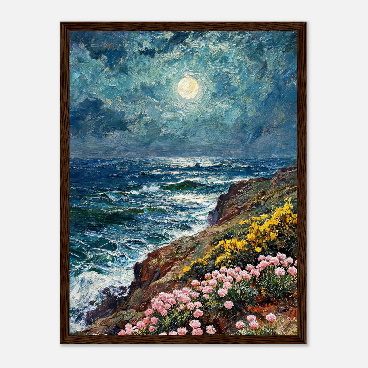 Moonlit Coastal Cliff Flowers Impressionist Art Print