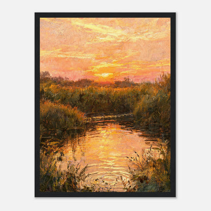 Golden Sunset over River Reflection Impressionist Art Print