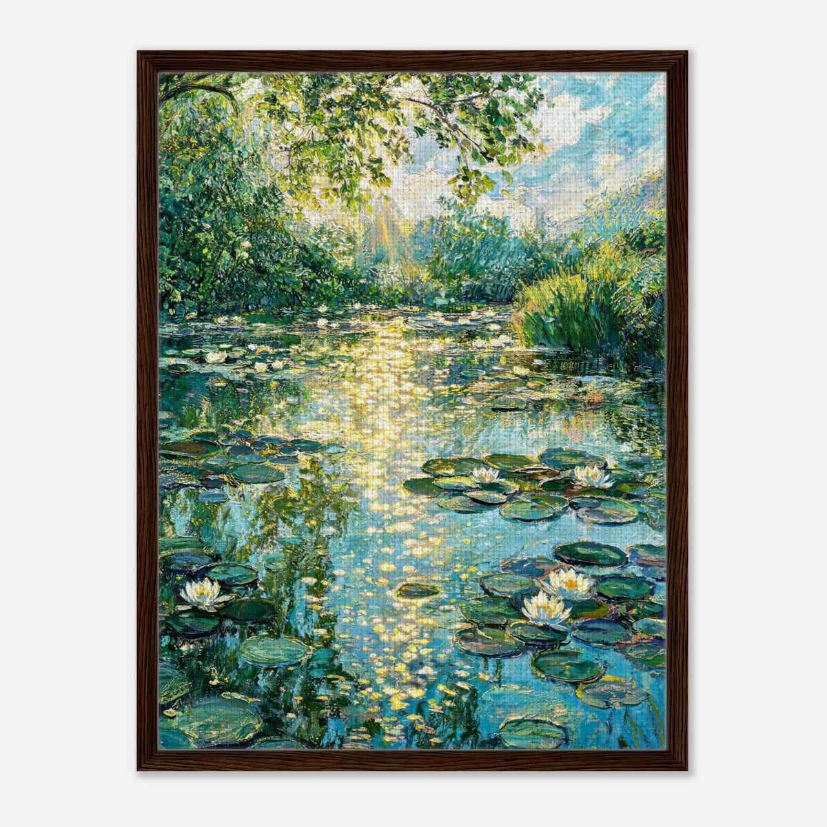 Sunlit Water Lilies & Shimmering Pond Impressionist Art Print