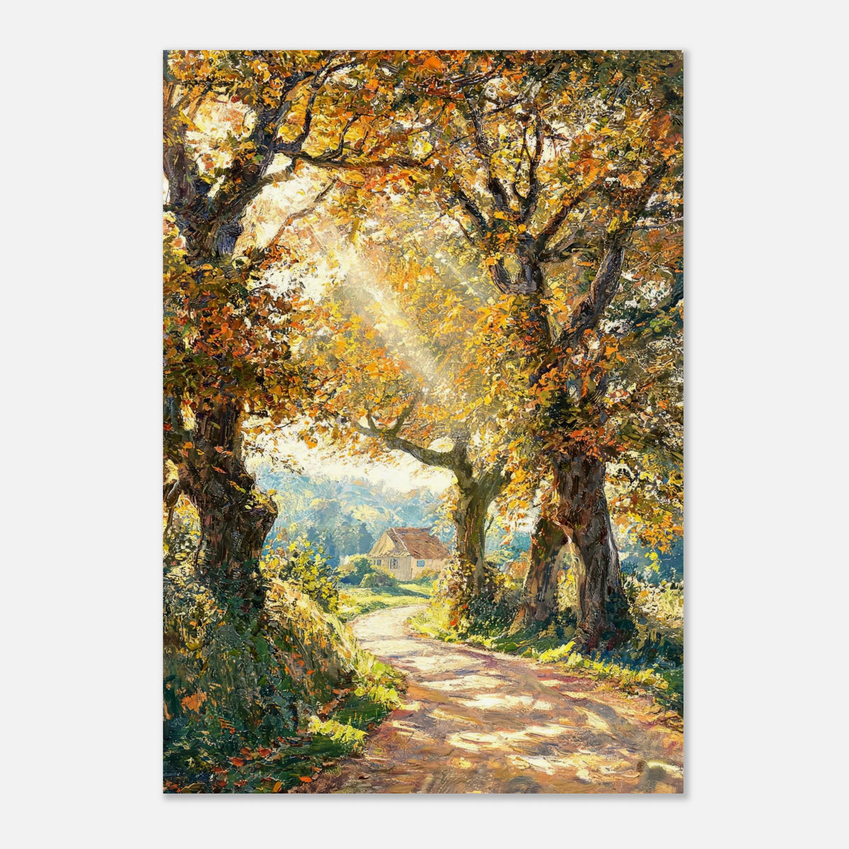 Sunlit Autumn Forest Path Impressionist Art Print
