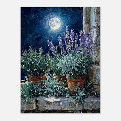 Moonlit Potted Lavender by Stone Window Impressionist Art Print