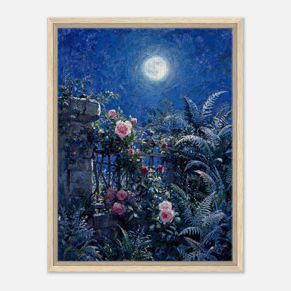 Moonlit Rose Garden and Stone Wall Impressionist Art Print