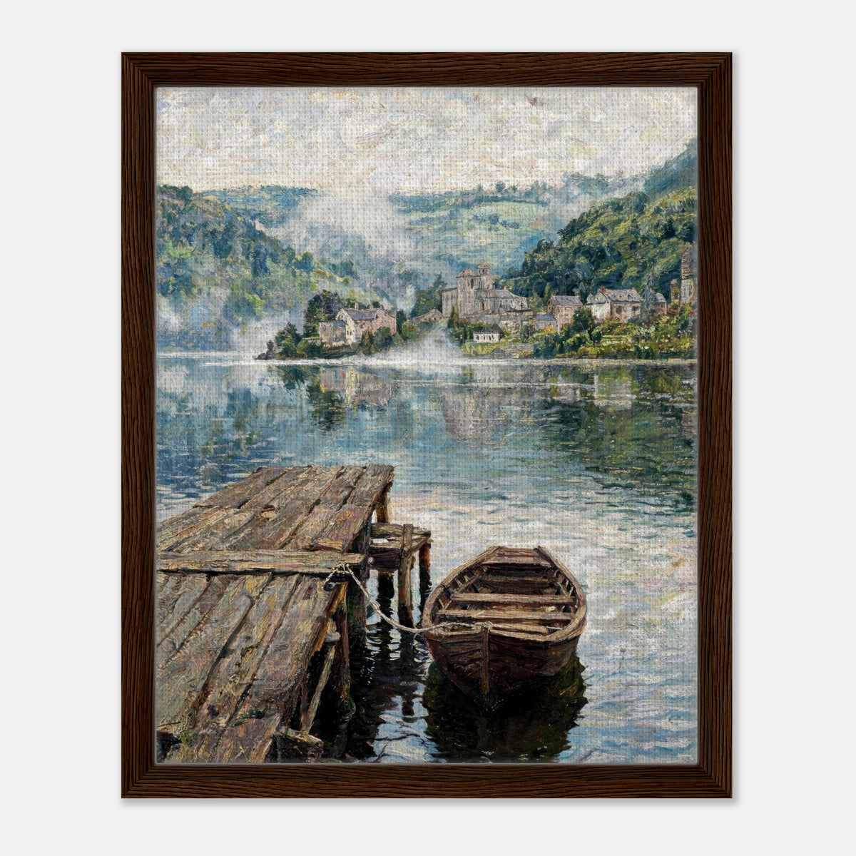 Misty Mountain Lake Wooden Boat Impressionist Art Print