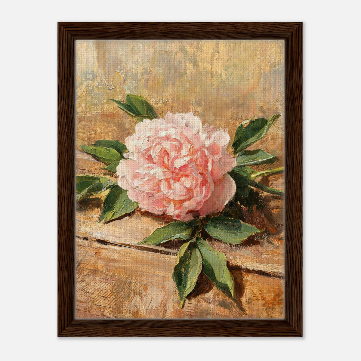 Single Pink Peony on Rustic Wood Impressionist Art Print