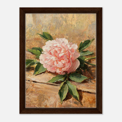 Single Pink Peony on Rustic Wood Impressionist Art Print