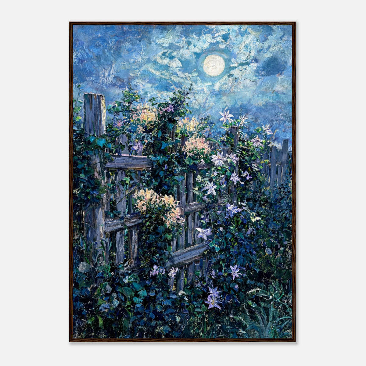 Moonlit Garden Fence Flowers Impressionist Art Print