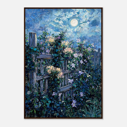 Moonlit Garden Fence Flowers Impressionist Art Print