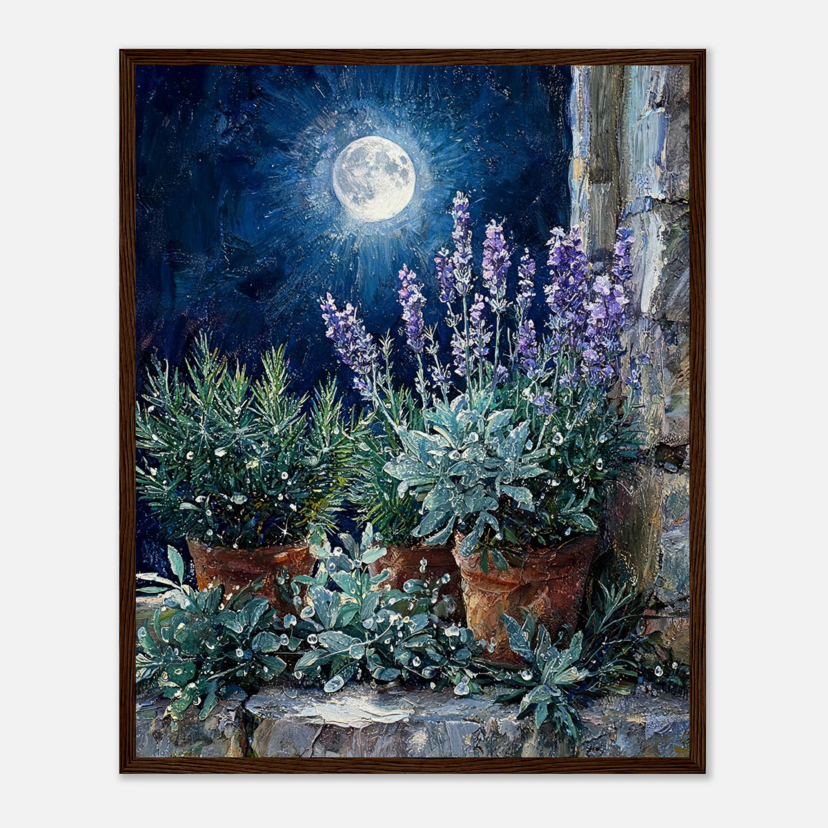 Moonlit Potted Lavender by Stone Window Impressionist Art Print