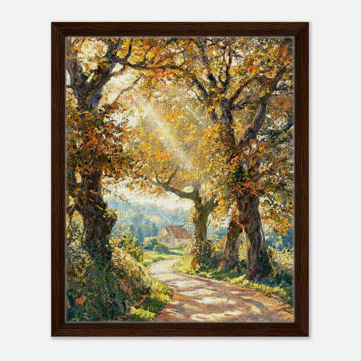 Sunlit Autumn Forest Path Impressionist Art Print