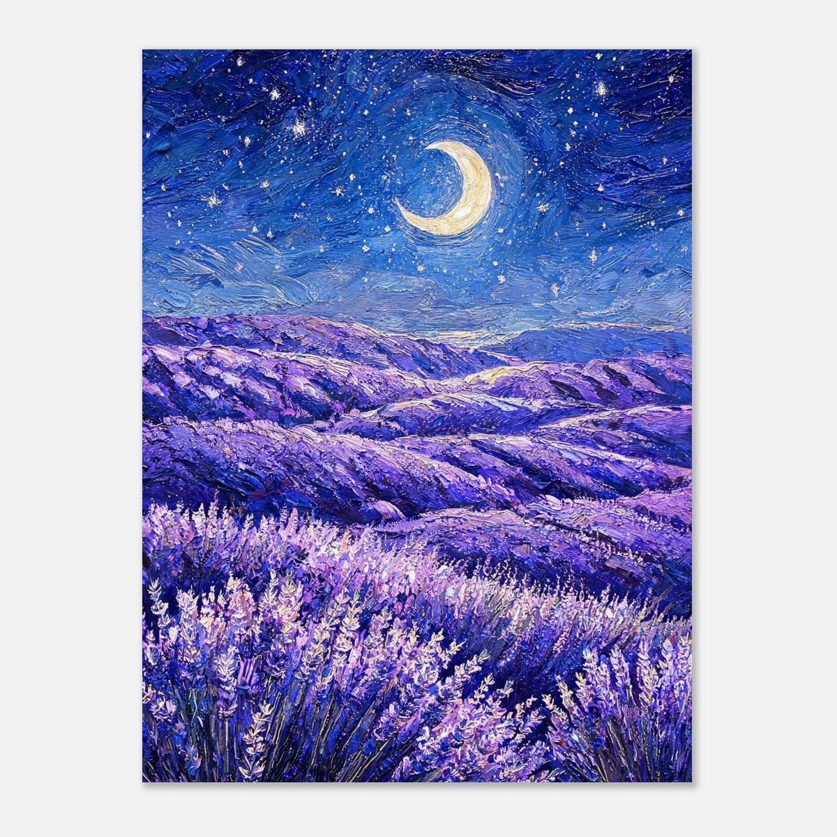Moonlit Lavender Field at Night Impressionist Art Print