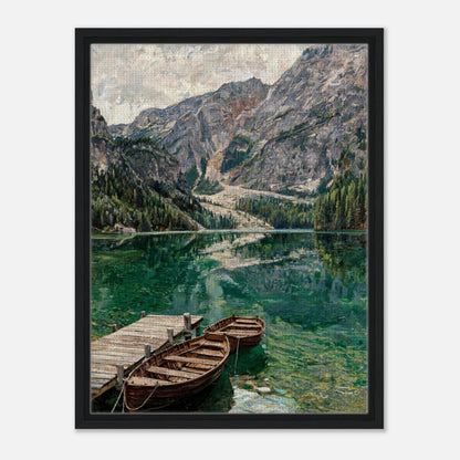 Impressionist art print from Vintstep depicting wooden rowboats tied to a dock on clear emerald lake waters with majestic alpine mountains and pine forests in the background with textured brushstrokes.