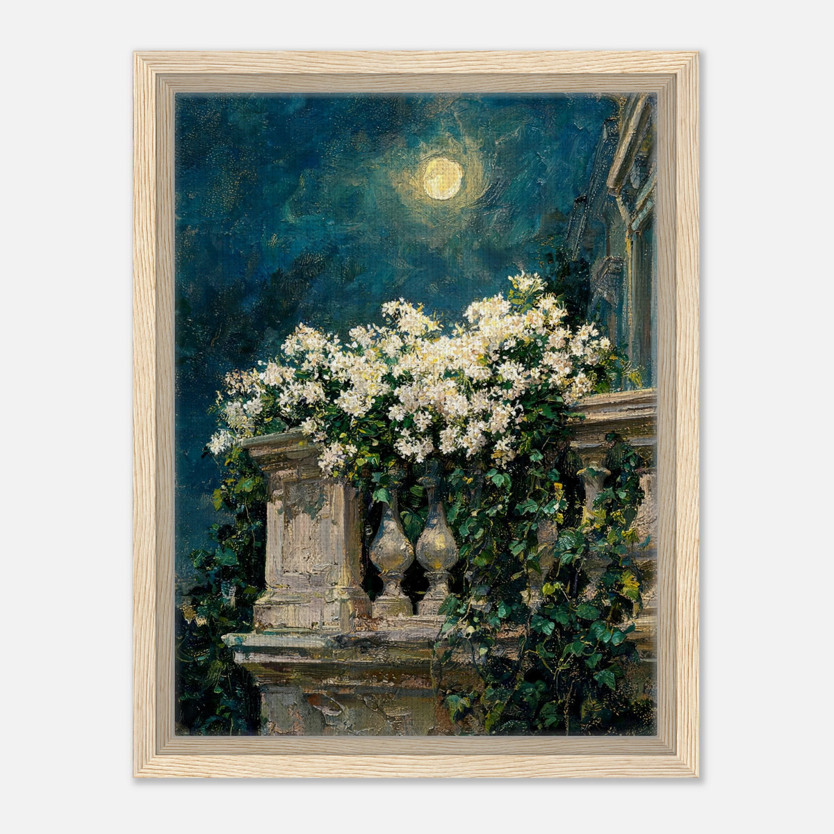 Moonlit White Blossoms Balcony Impressionist Art Print