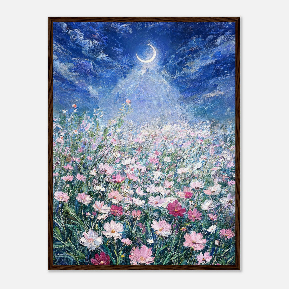 Impressionist oil painting print from Vintstep depicting a vast field of pink cosmos flowers glowing under a crescent moon in a swirling blue night sky.