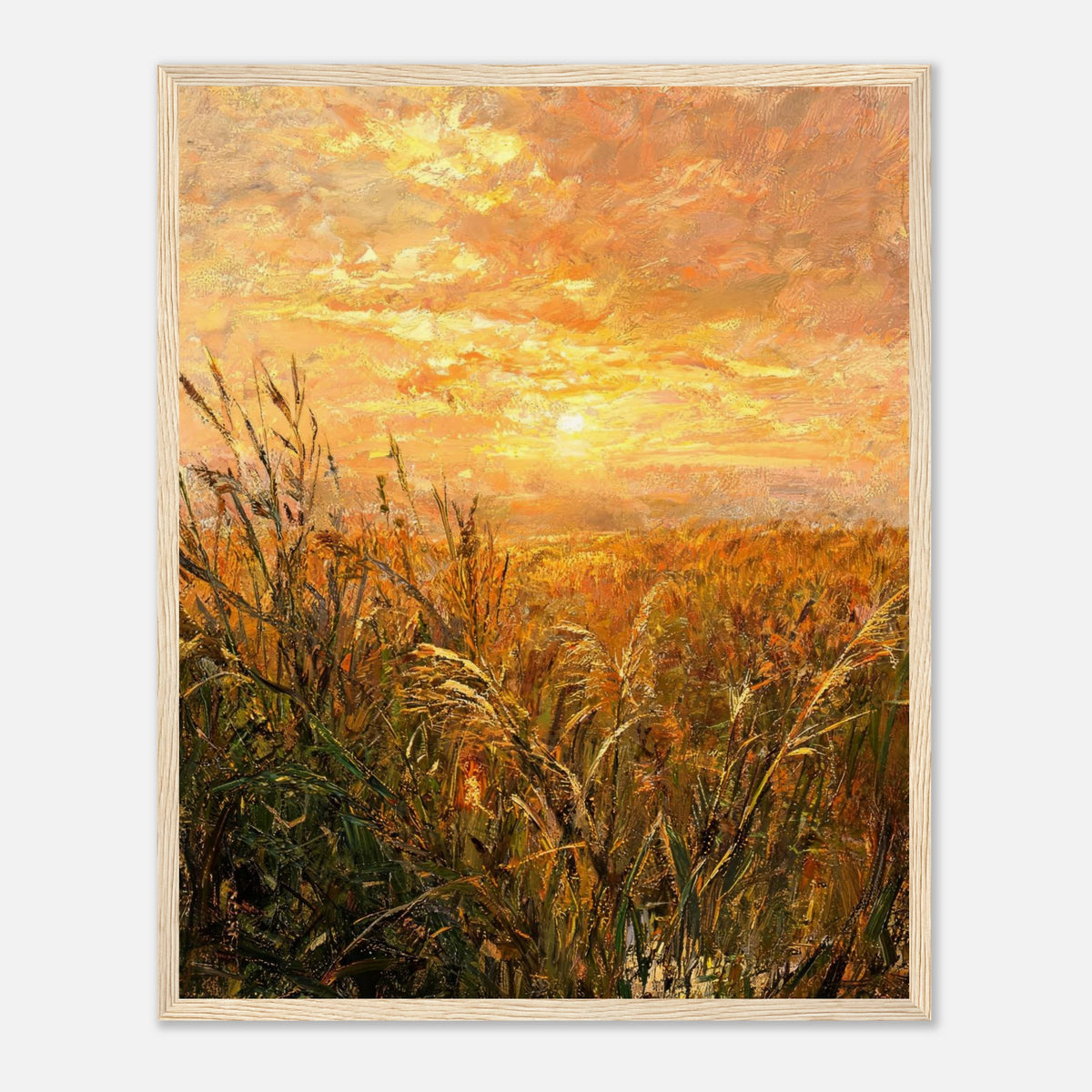 Golden Grass Field at Sunset Impressionist Art Print