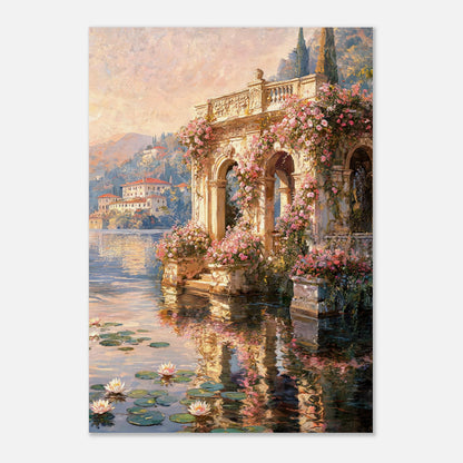 Sunlit Lakeside Villa & Roses Impressionist Art Print