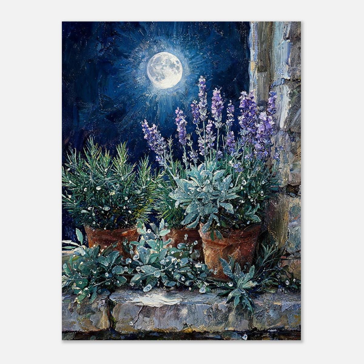 Moonlit Potted Lavender by Stone Window Impressionist Art Print