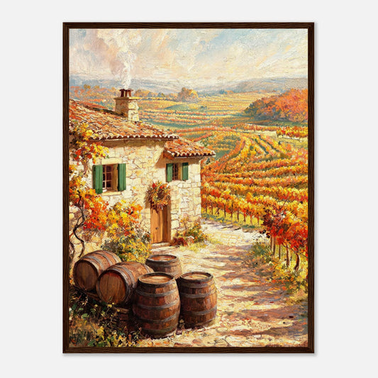 Impressionist oil painting print from Vintstep depicting a stone country house with chimney smoke, wooden wine barrels, and golden autumn vineyards stretching across rolling hills.
