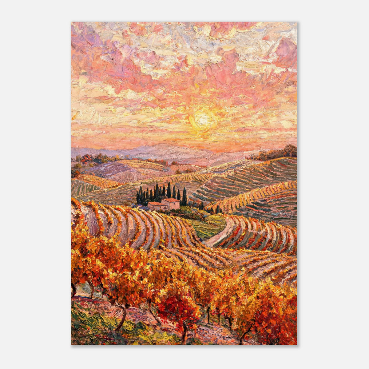 Tuscan Hills Autumn Sunset Vineyard Impressionist Art Print