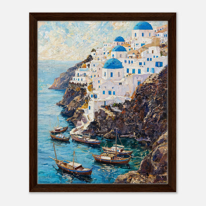Santorini Cliffside Village & Boats Impressionist Art Print