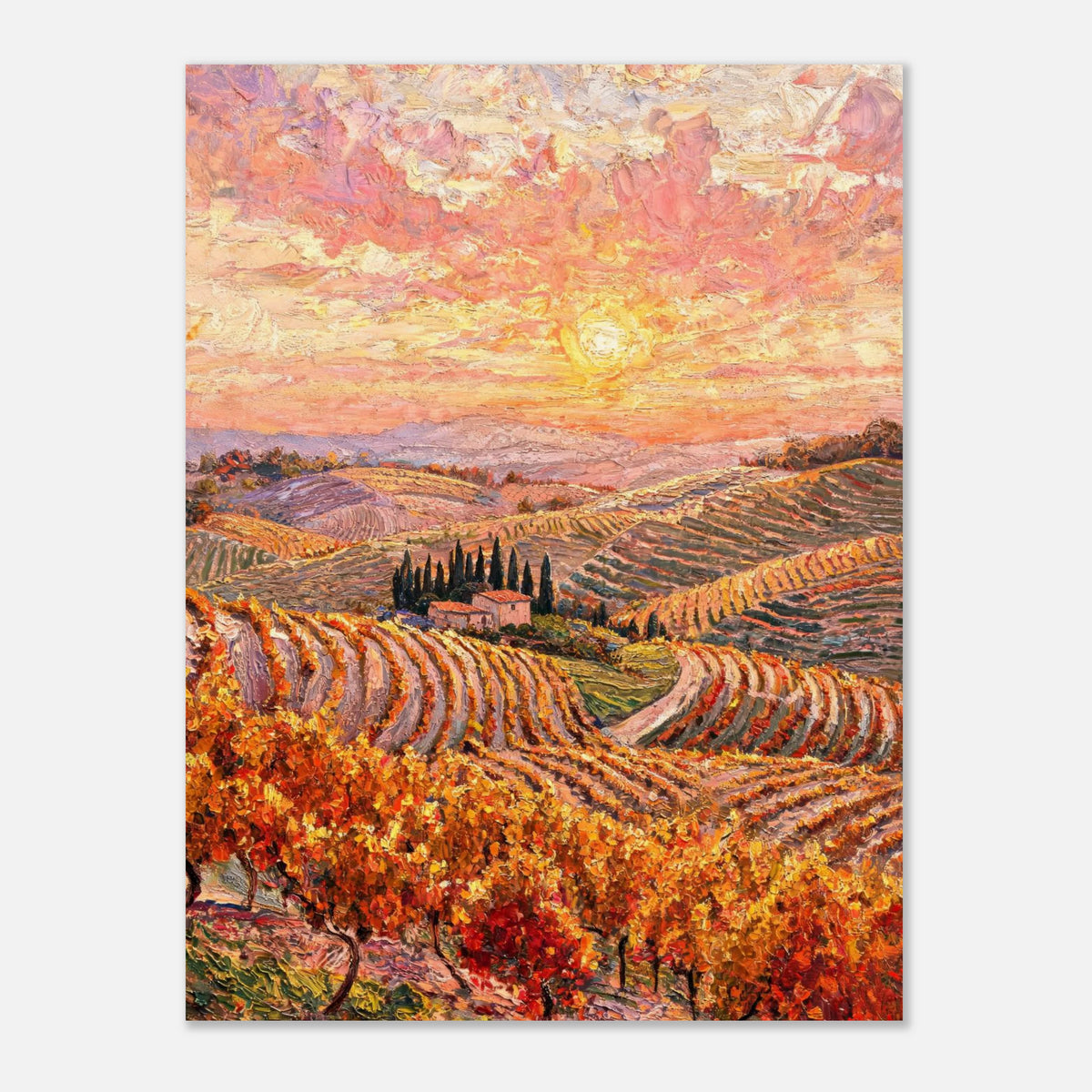 Tuscan Hills Autumn Sunset Vineyard Impressionist Art Print