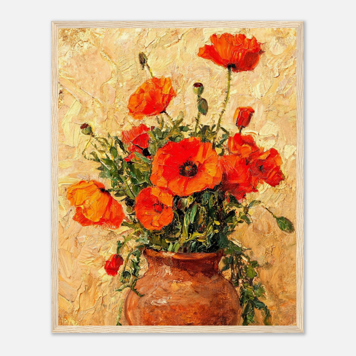Vibrant Red Poppies in Terracotta Vase Impressionist Art Print
