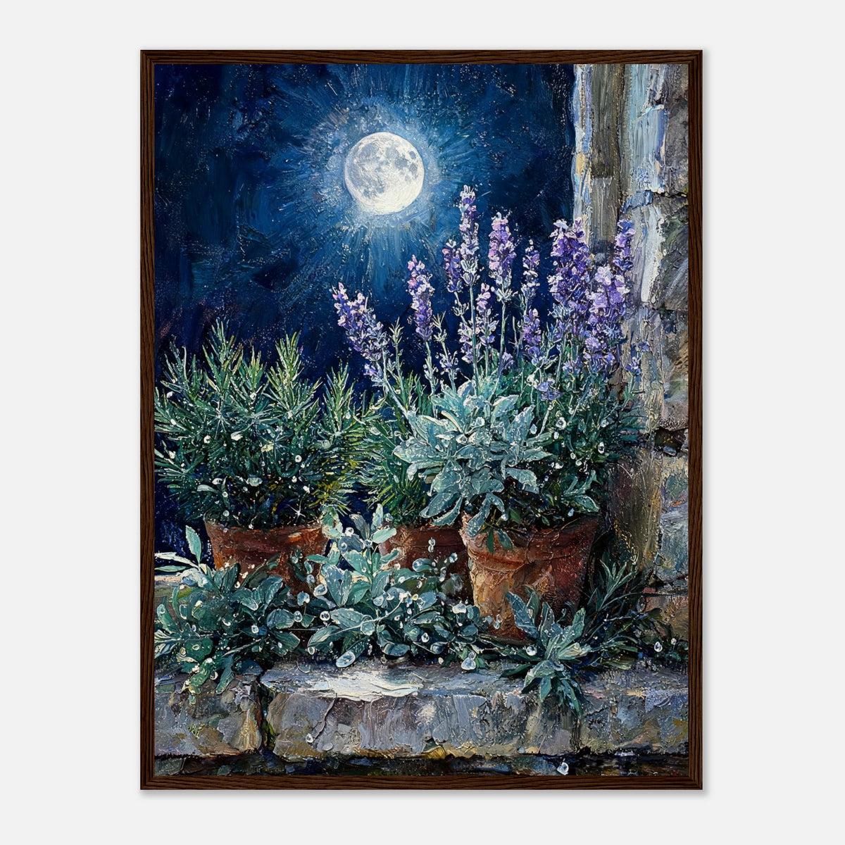 Moonlit Potted Lavender by Stone Window Impressionist Art Print