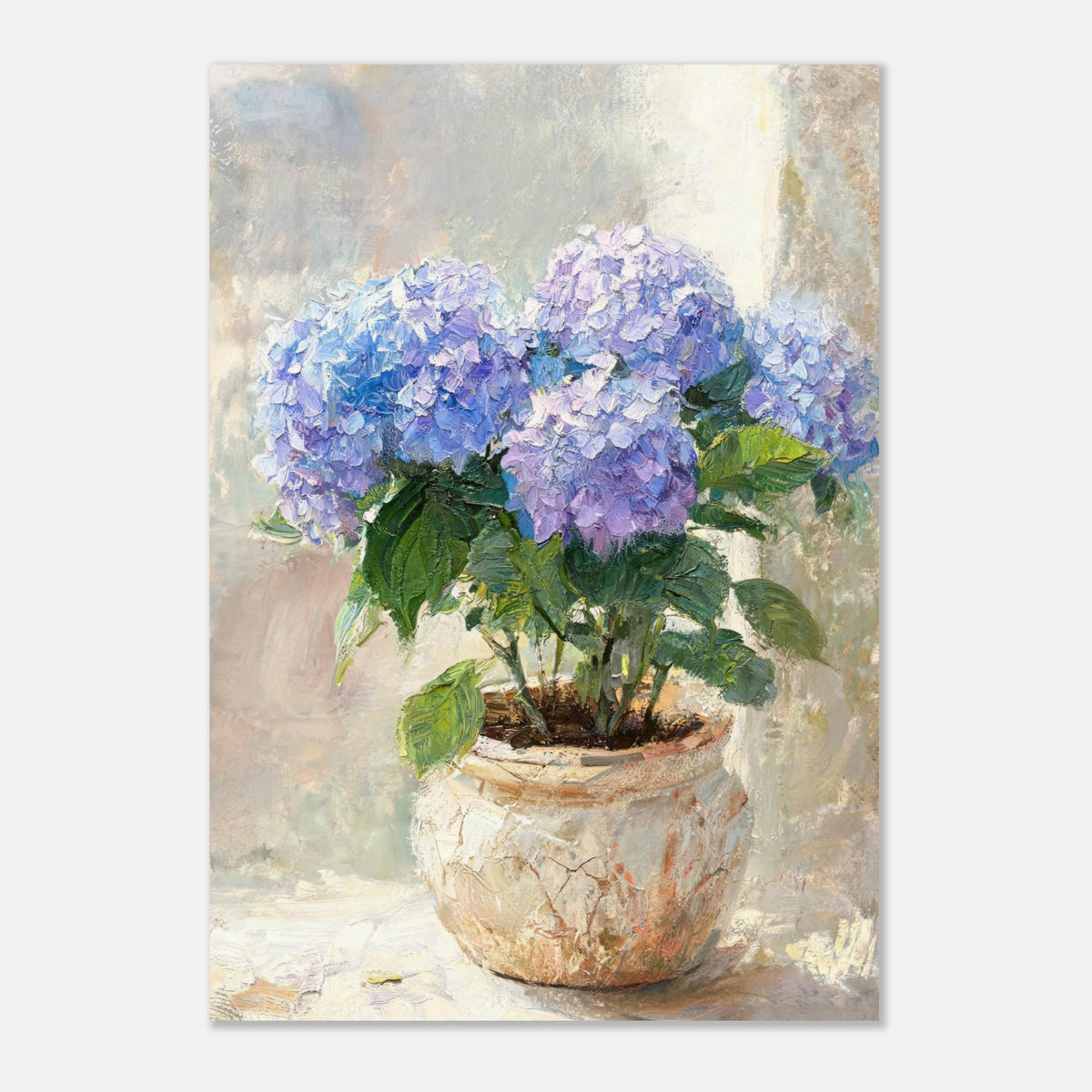 Blue Hydrangeas in Rustic Pot Impressionist Art Print