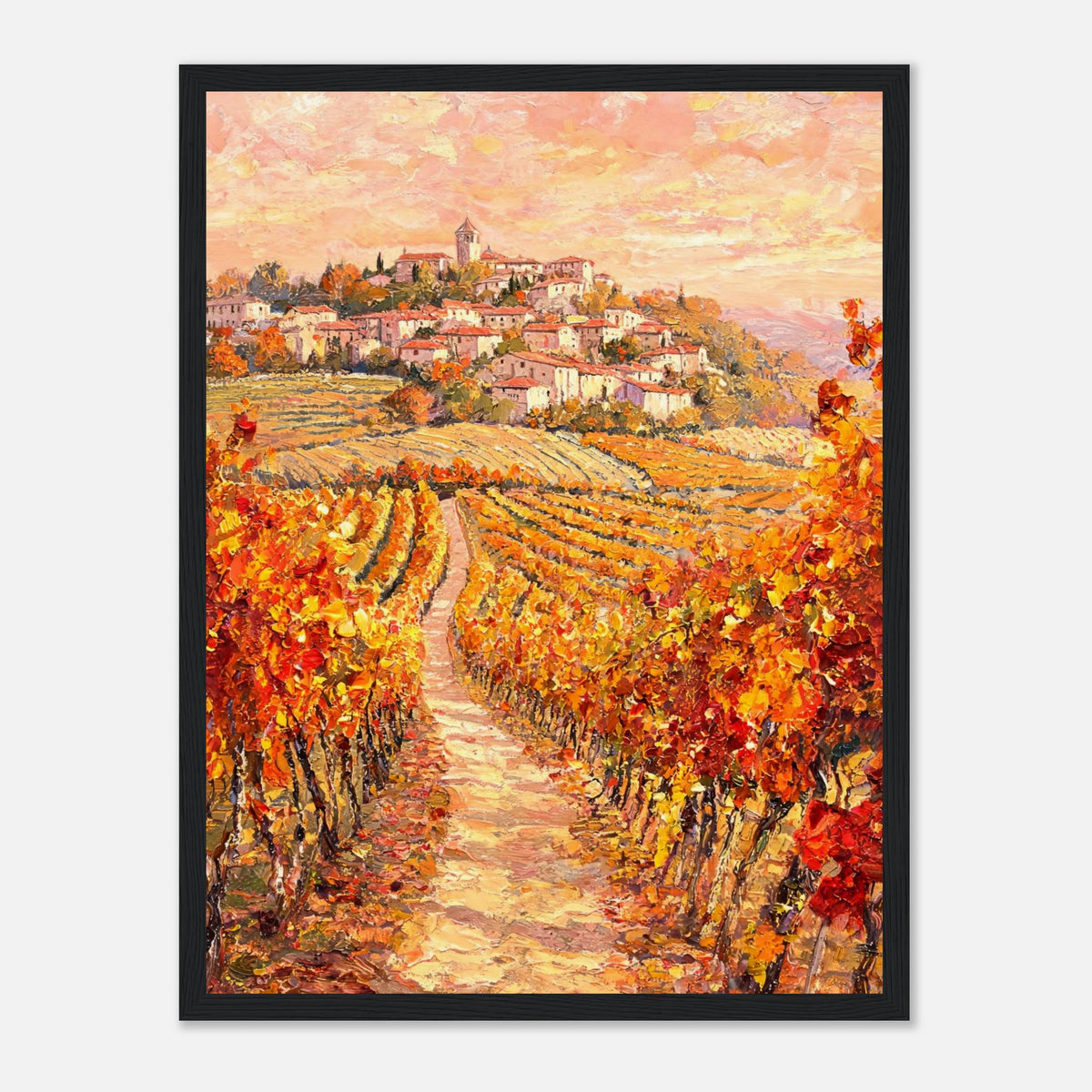 Autumn Vineyard Path Hilltop Village Impressionist Art Print