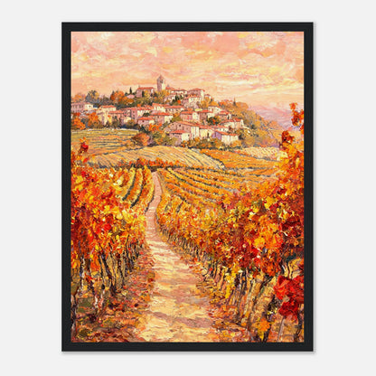 Autumn Vineyard Path Hilltop Village Impressionist Art Print