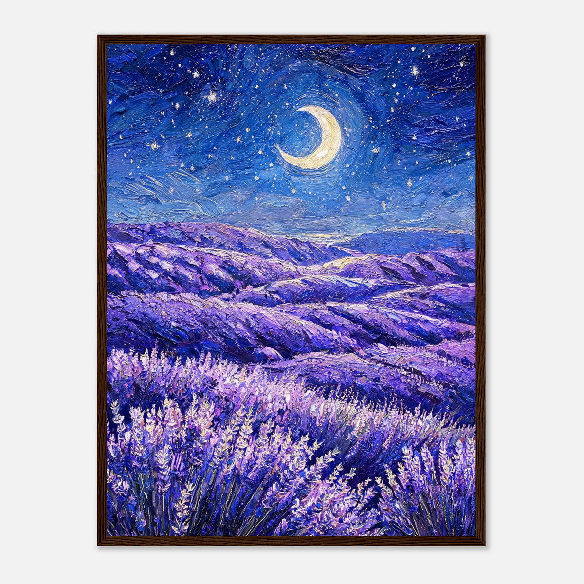 Moonlit Lavender Field at Night Impressionist Art Print