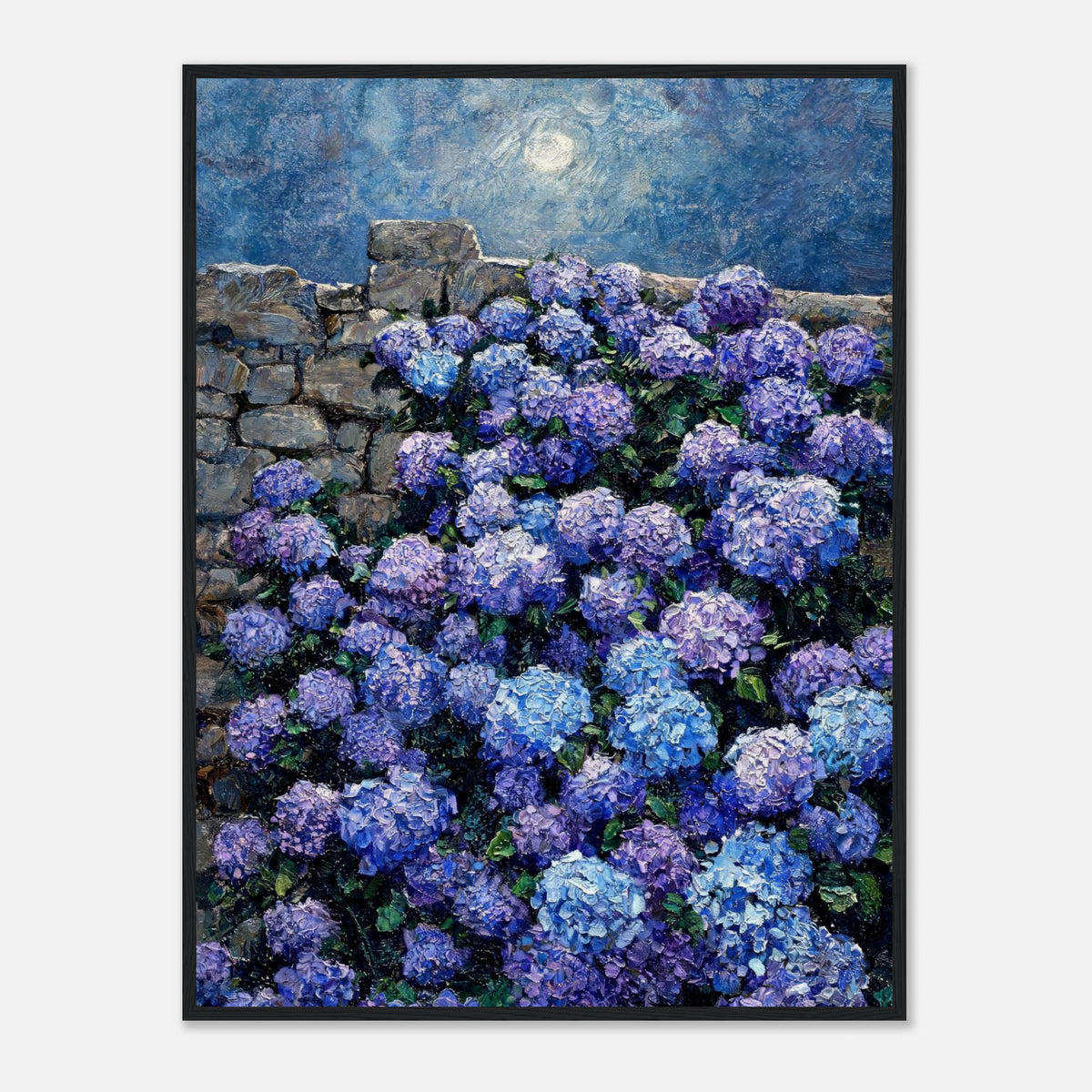 Moonlit Blue Hydrangeas by Stone Wall Impressionist Art Print