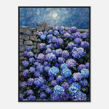 Moonlit Blue Hydrangeas by Stone Wall Impressionist Art Print