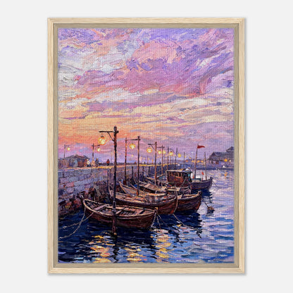Coastal Harbor Twilight Wooden Boats Impressionist Art Print