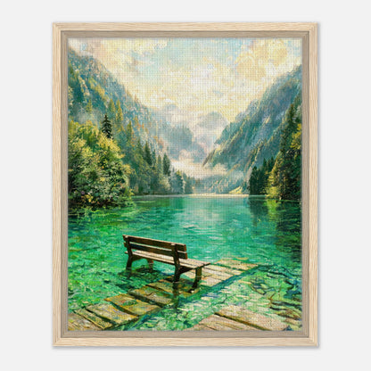 Mountain Lake Pier and Wooden Bench Impressionist Art Print