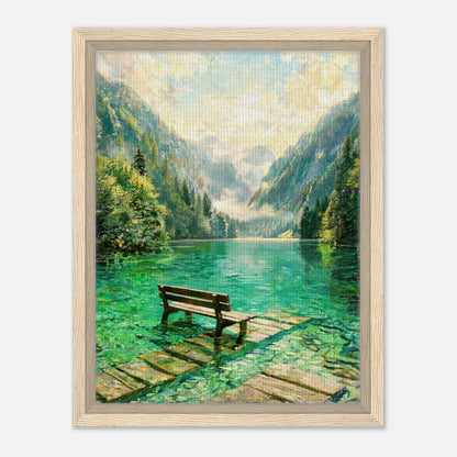 Mountain Lake Pier and Wooden Bench Impressionist Art Print