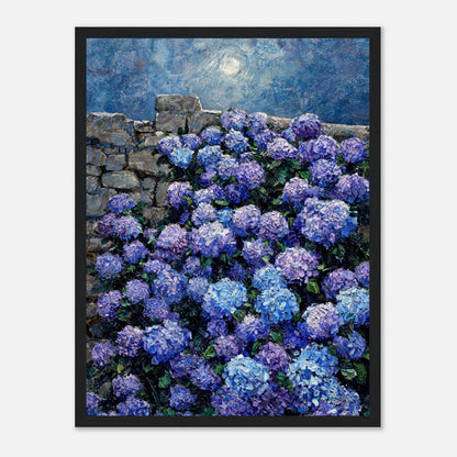 Moonlit Blue Hydrangeas by Stone Wall Impressionist Art Print