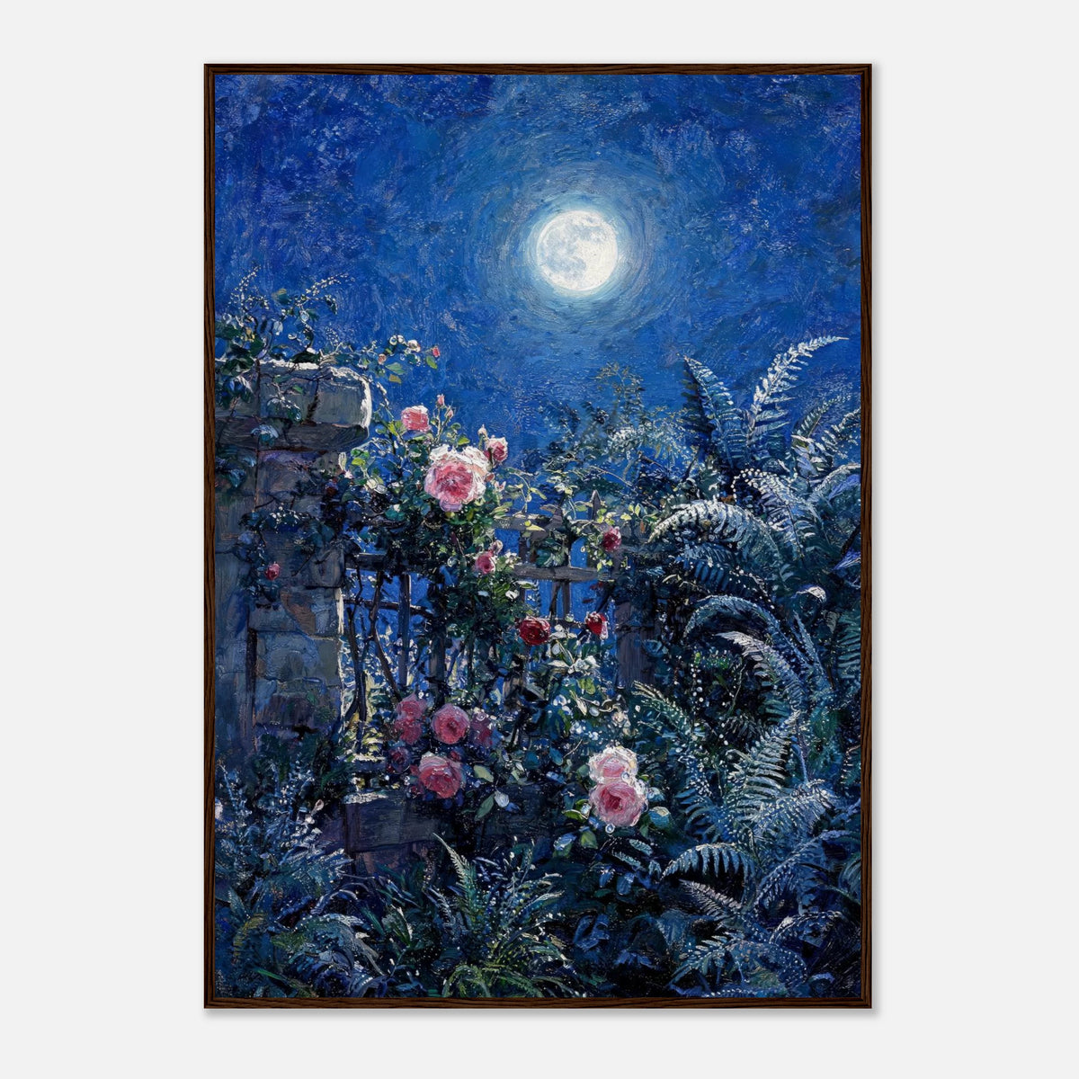 Moonlit Rose Garden and Stone Wall Impressionist Art Print