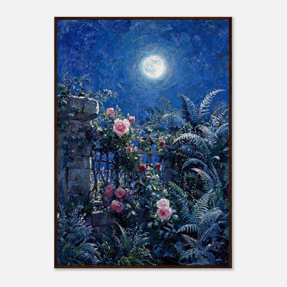 Moonlit Rose Garden and Stone Wall Impressionist Art Print