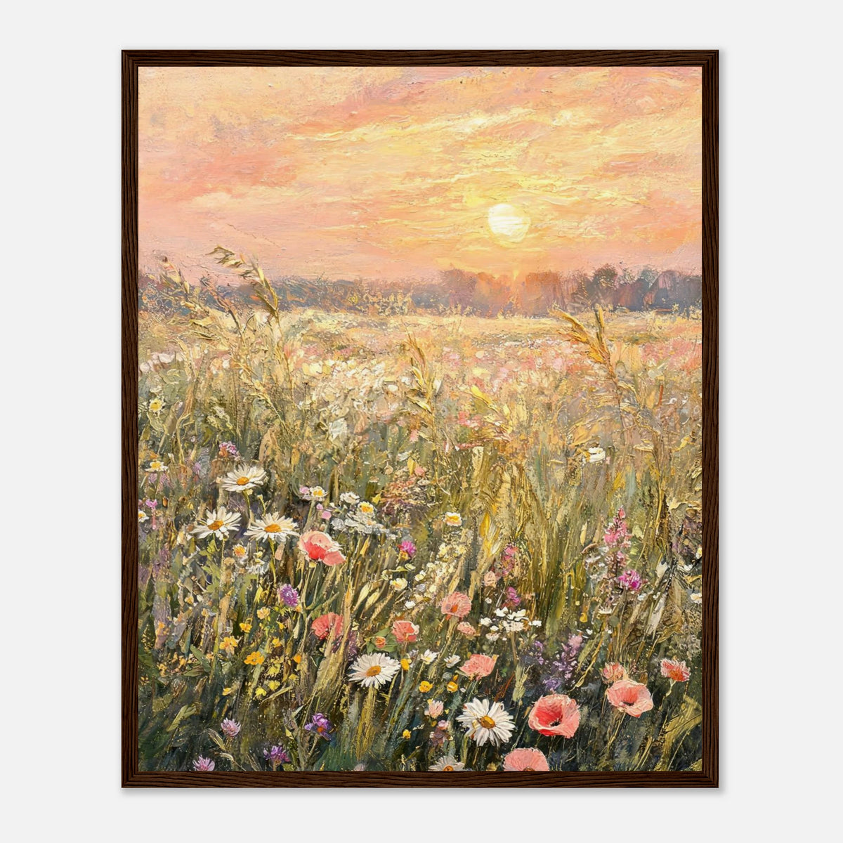 Golden Sunset Meadow & Wildflowers Impressionist Art Print