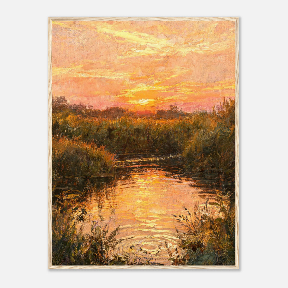 Golden Sunset over River Reflection Impressionist Art Print