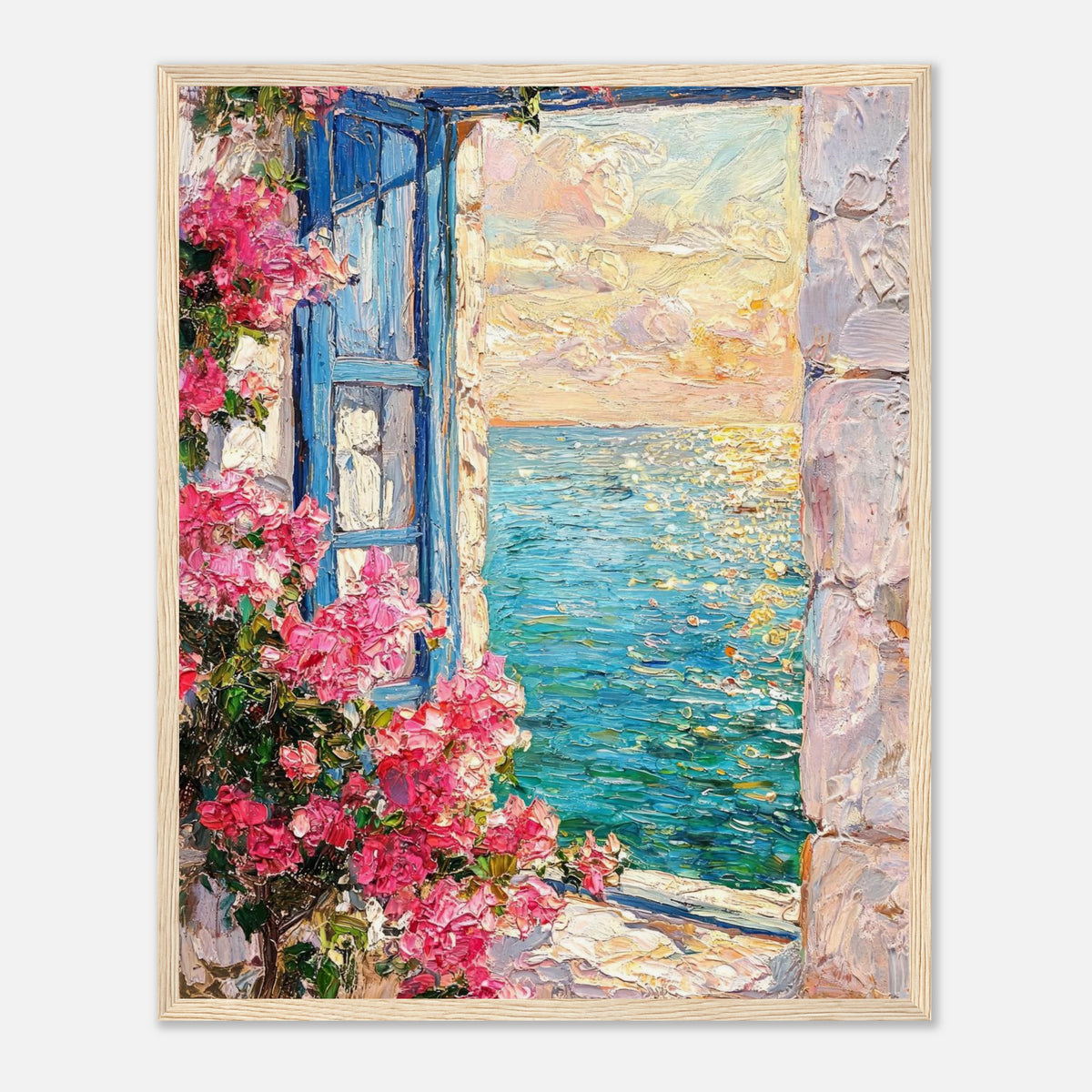 Framed Mediterranean Sea View Through Blue Window Art Print | Floral Seascape Decor