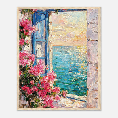 Framed Mediterranean Sea View Through Blue Window Art Print | Floral Seascape Decor