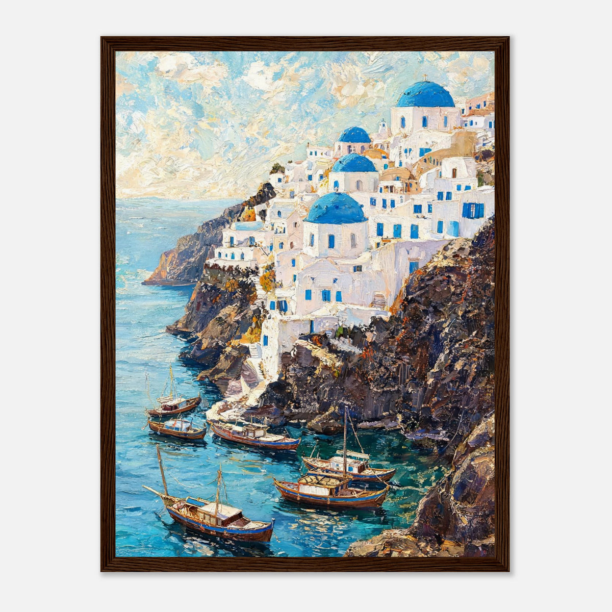 Santorini Cliffside Village & Boats Impressionist Art Print
