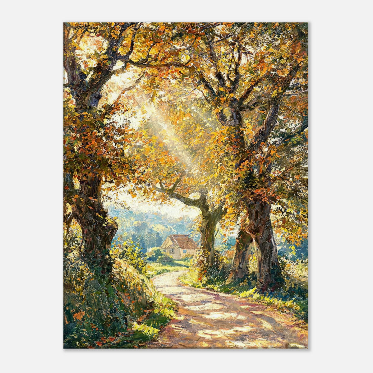 Sunlit Autumn Forest Path Impressionist Art Print