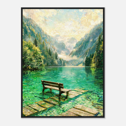 Mountain Lake Pier and Wooden Bench Impressionist Art Print