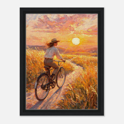 Cycling Through Golden Fields at Sunset Impressionist Art Print