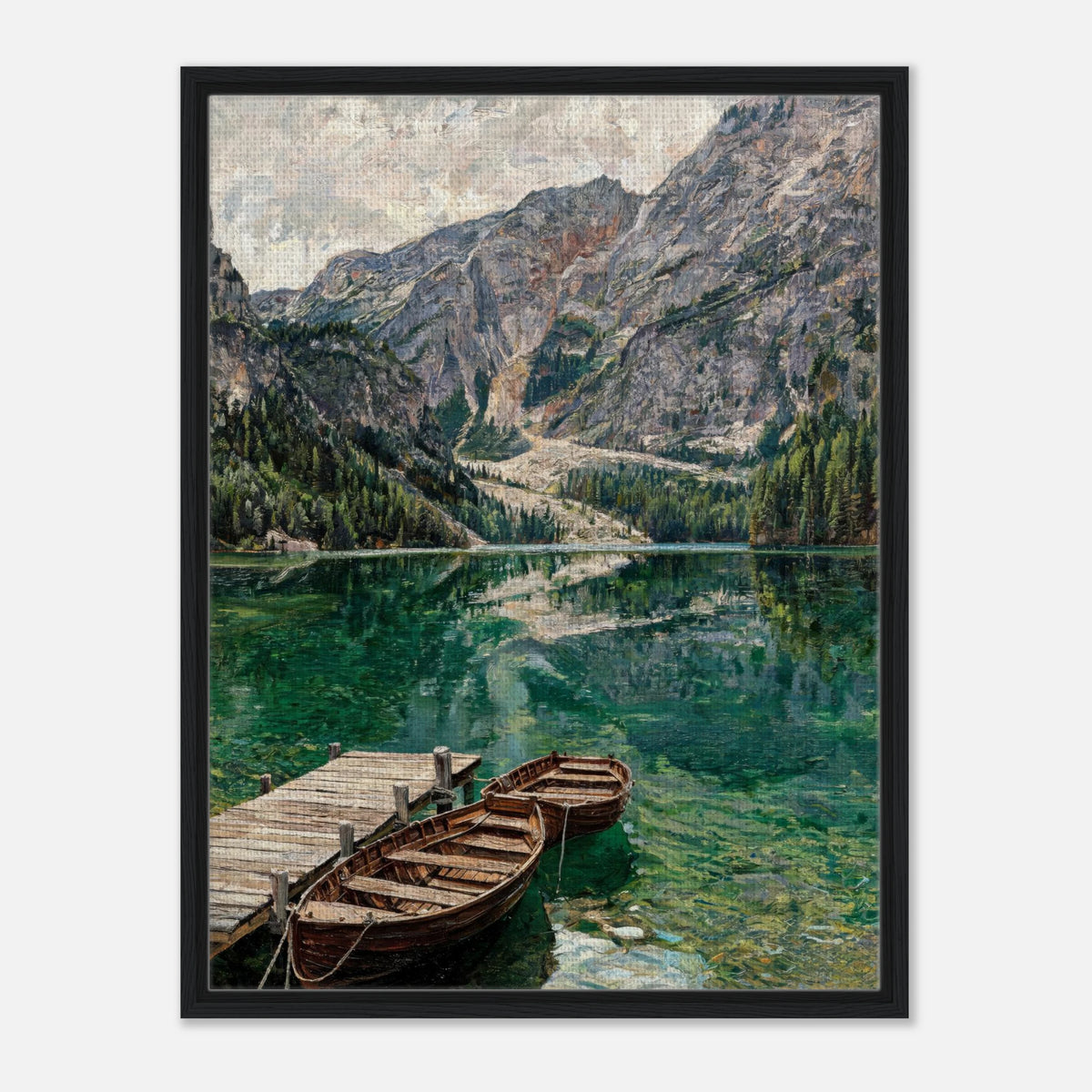 Wooden Boats on Alpine Lake Impressionist Art Print